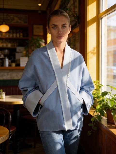 Katana z bawełnianego jeansu o nietypowym kroju z haftem w odcieniach fioletu