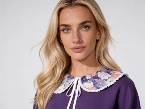 Kołnierzyk bawełniany okrągły w kwiatki w barwach fioletowych obszyty koronką