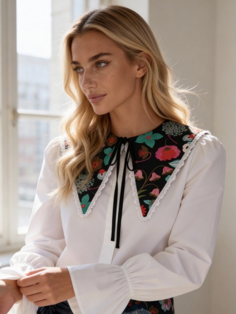 kołnierzyk bawełniany czarny z kolorowymi kwiatami obszyty koronką