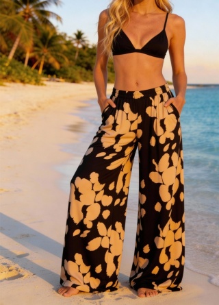 Szerokie spodnie z wiskozy w czarno-beżowy wzór