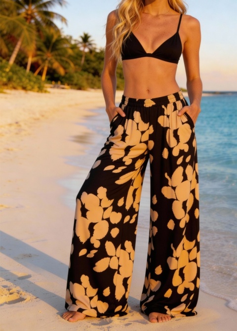 Szerokie spodnie z wiskozy w czarno-beżowy wzór