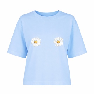 T-shirt z bawełny z elastanem z grafiką stokrotek w kolorze błękitnym