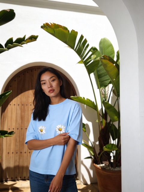 T-shirt z bawełny z elastanem z grafiką stokrotek w kolorze błękitnym