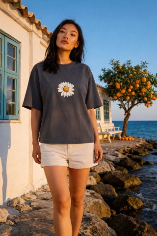 T-shirt z bawełny z elastanem z grafiką stokrotki w kolorze szarym