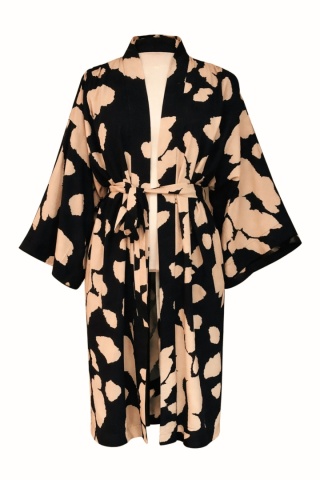 Długie kimono z paskiem w czarno-beżowy wzór