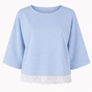 Bluza BRYGIDA z koronką uszyta z bawełnianej dzianiny dresowej w kolorze jansym błekitnym