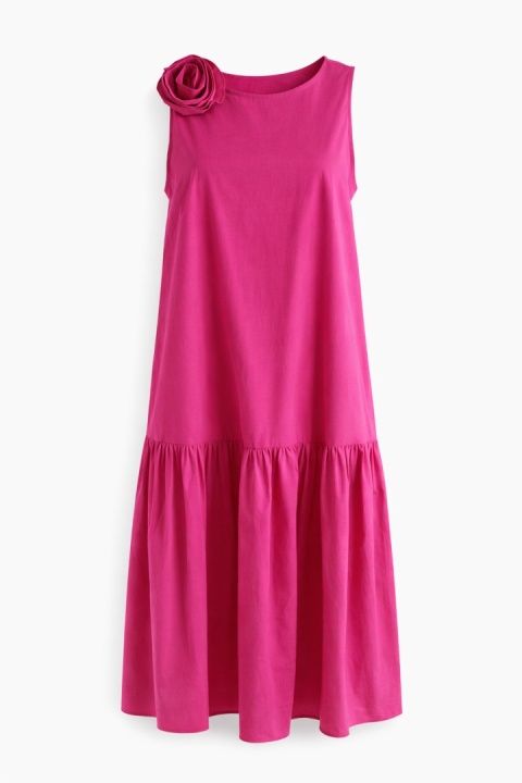 Długa sukienka uszyta z tkaniny bawełnianej w kolorze fuksji