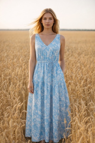 Długa sukienka uszyta z tkaniny bawełnianej w kolorze błękitnym w biały wzór