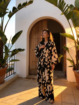 Długie kimono z paskiem w czarno-beżowy wzór