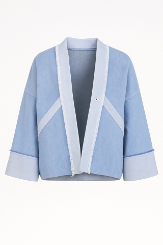 Katana z bawełnianego jeansu o nietypowym kroju z haftem w odcieniach fioletu